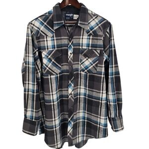 Wrangler Plaid Western Shirt Mens 2XLT Gray Blue Flannel Pearl Snap Button Up